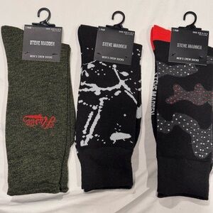 Steve Madden Bundled 3 Pair pack Black and Khaki Crew Socks with Fun Design